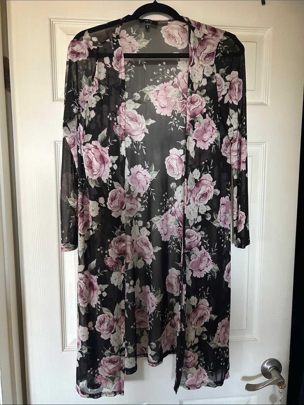 Iris Black Sheer Floral Duster with Pink Roses